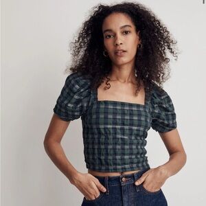 NWOT Madewell Hopewell Puff-Sleeve Crop Top in Plaid. Small. Forest/Black